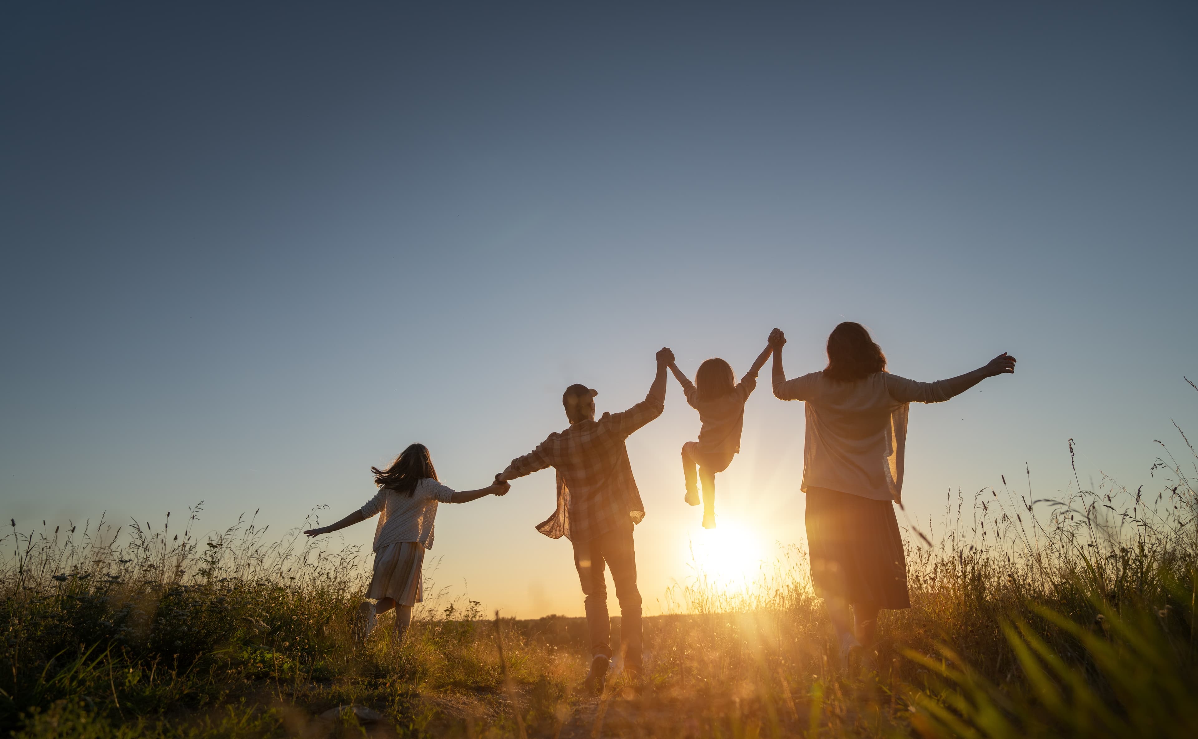 Family holding hands in the sunset